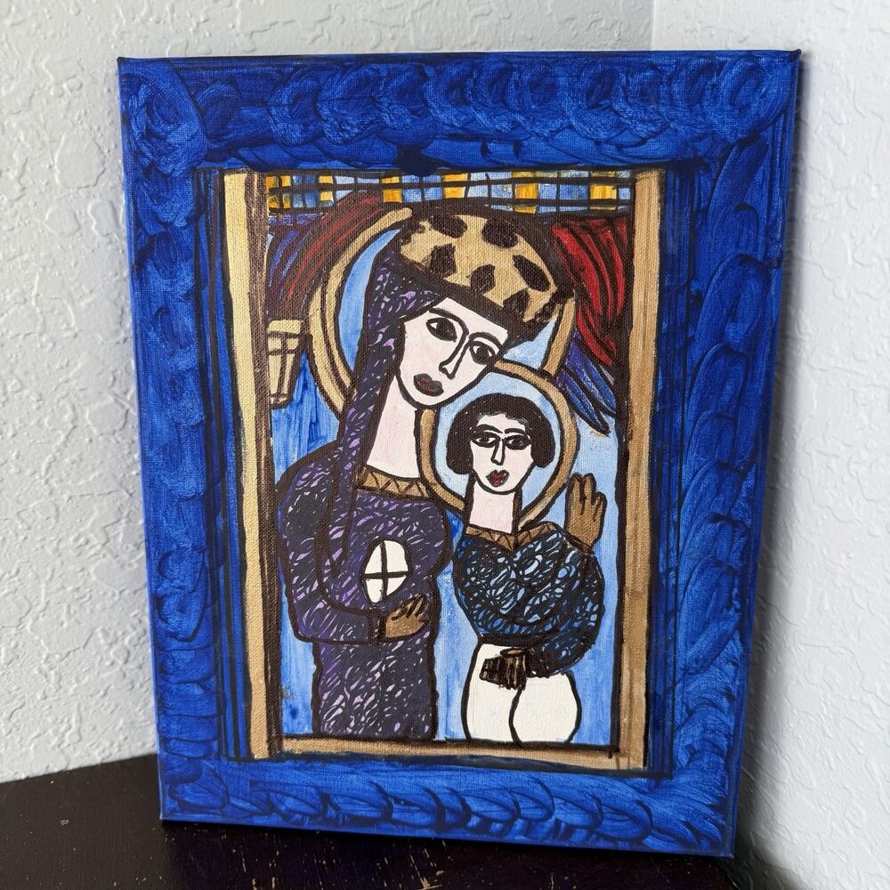 Madonna & Child Original Painting 11x14 Canvas On Wood Frame Folk Art Naive Icon